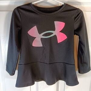 NWOT Under Armour Girls Black Logo Graphic Top Long Sleeve Ruffle Hem Size 18M